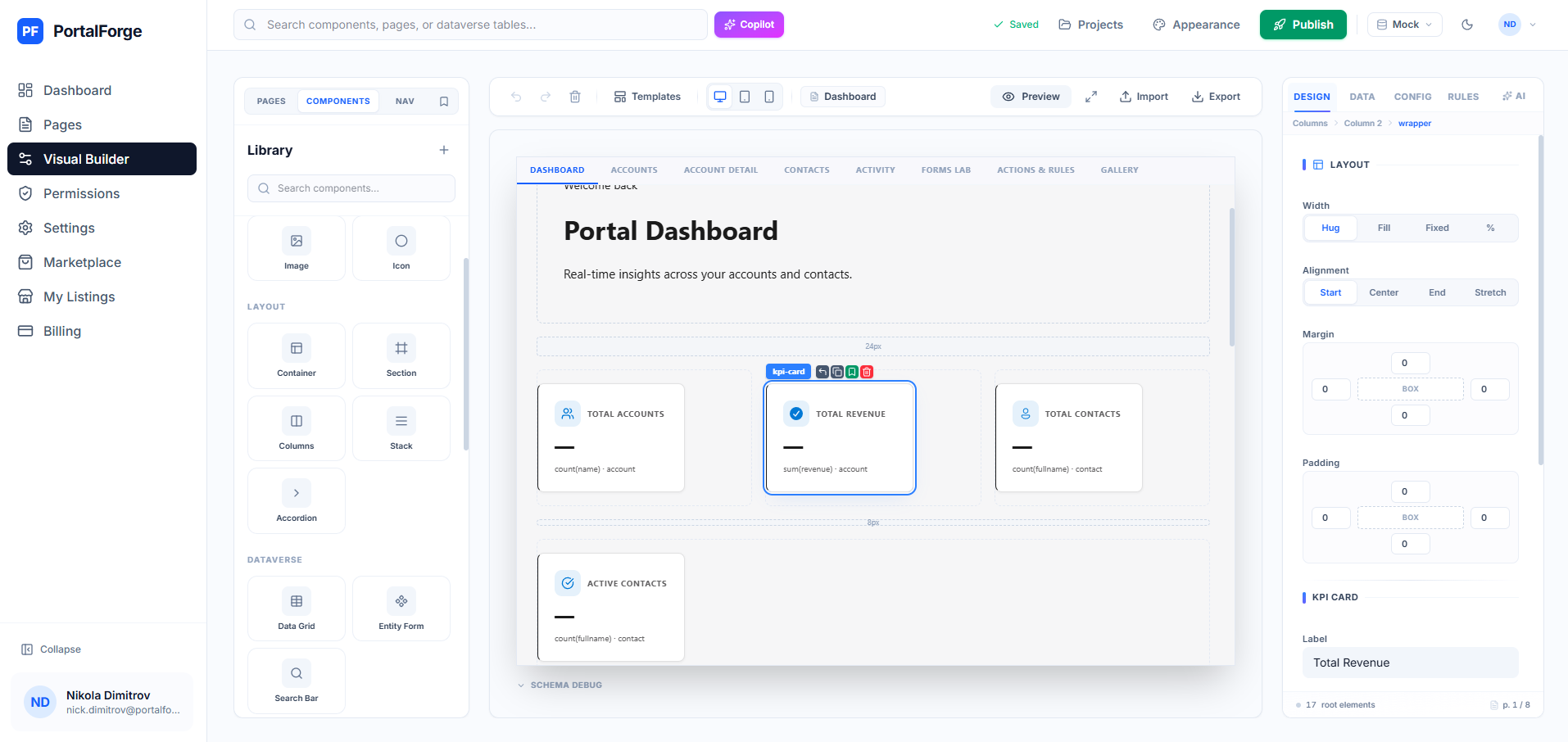 PortalForge visual builder — drag-and-drop canvas with component library, properties panel, and data binding