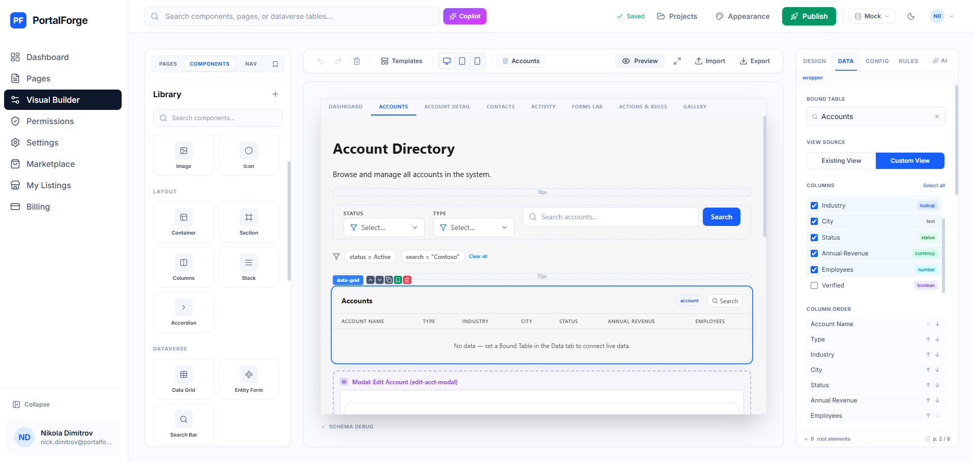 Data binding panel — selecting a Dataverse table and mapping columns to a Data Grid component