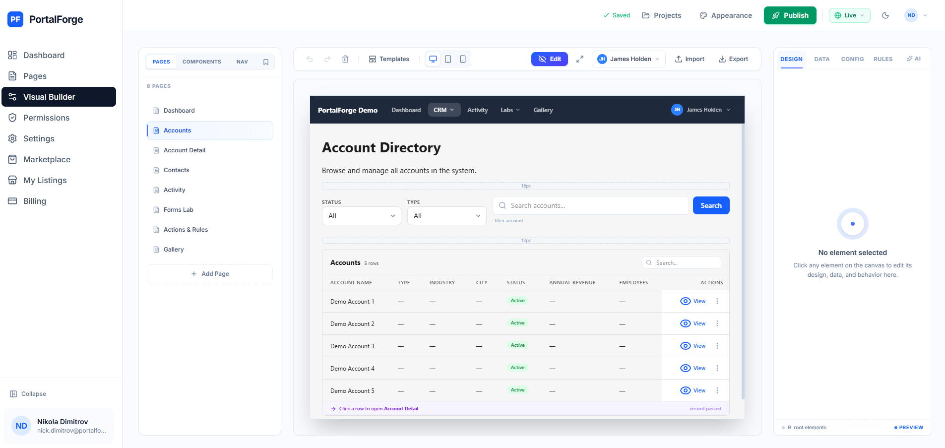 PortalForge preview mode with persona switcher showing different web roles