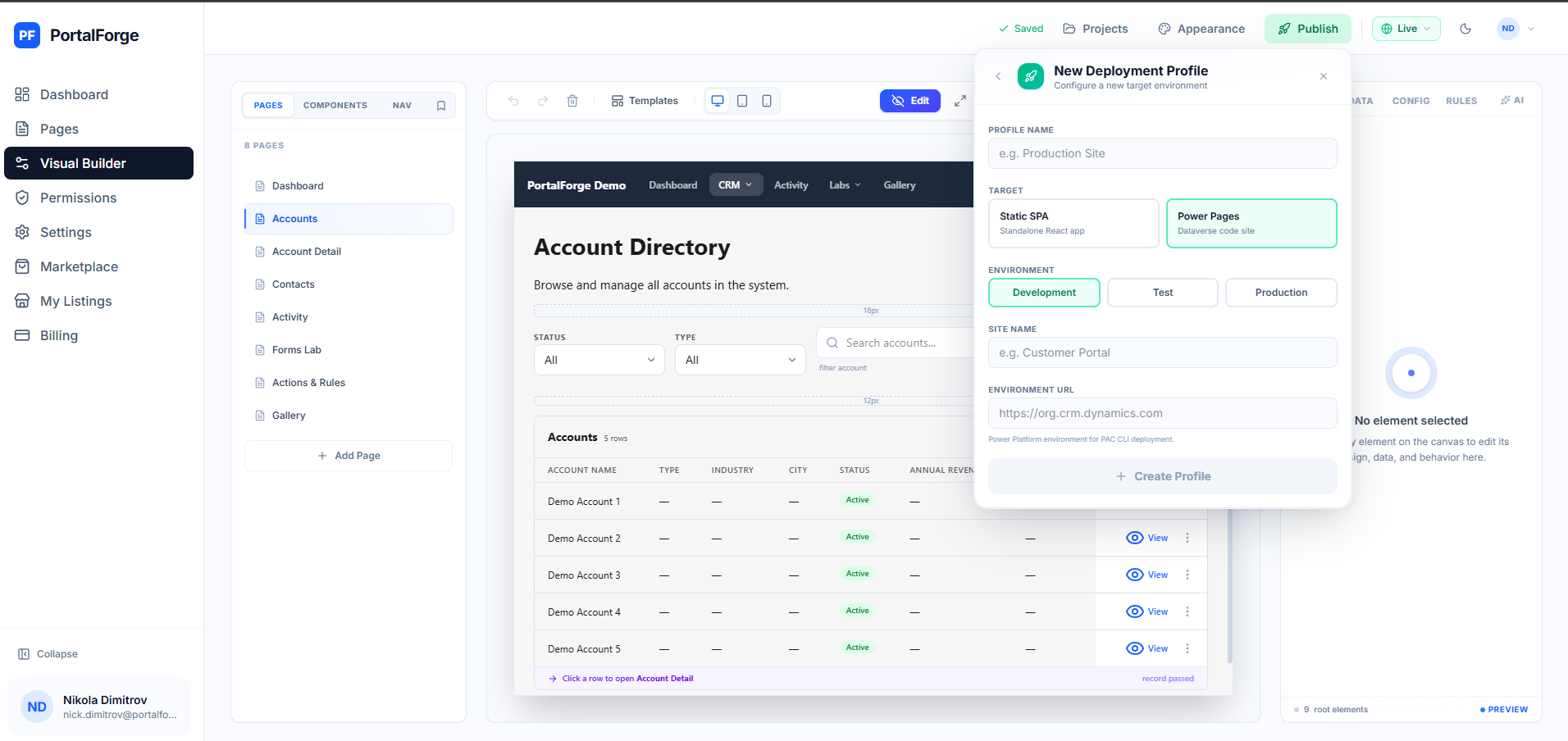 PortalForge publish modal showing one-click deployment to Power Pages