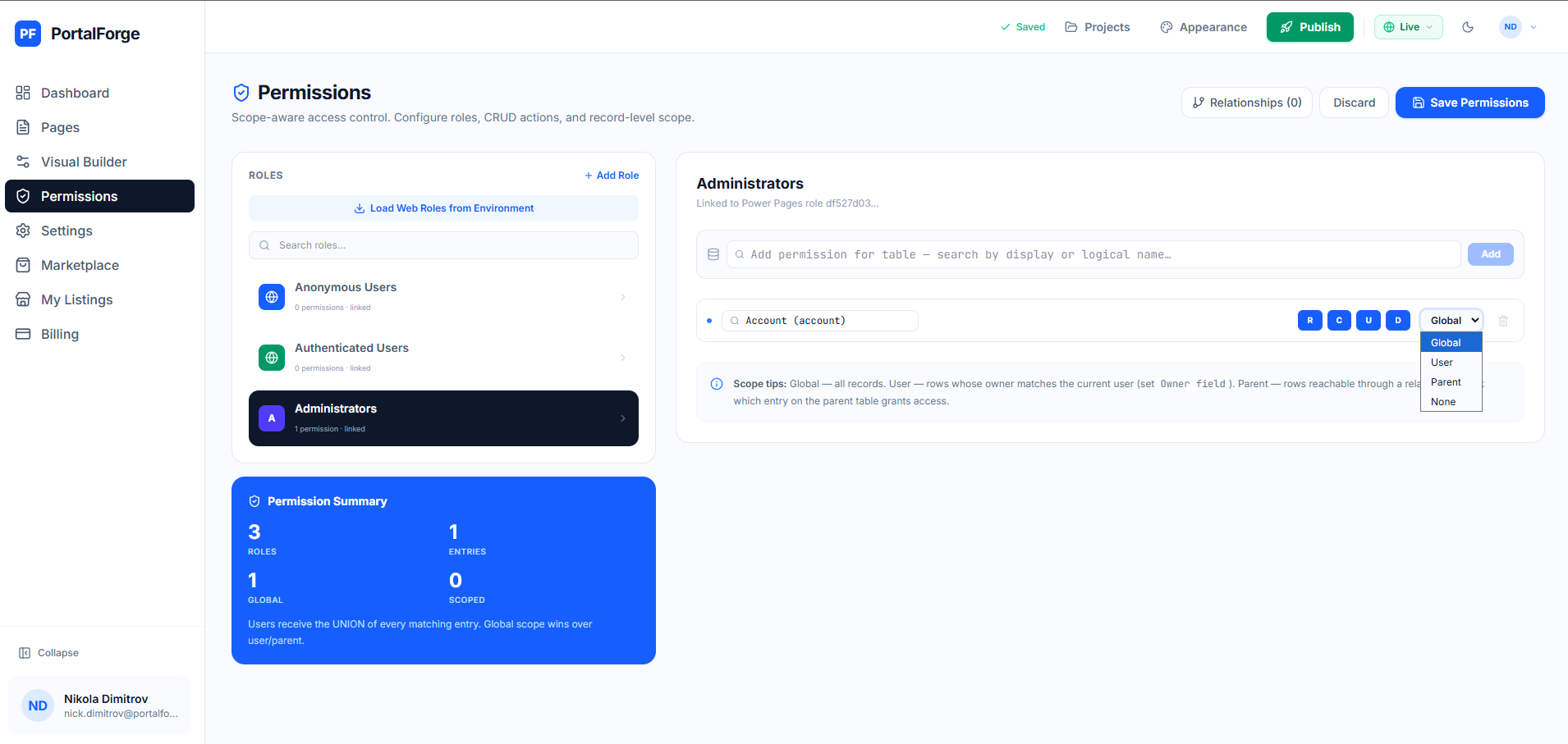 Power Pages security model — users → web roles → table permissions → scope (contact, account, global)