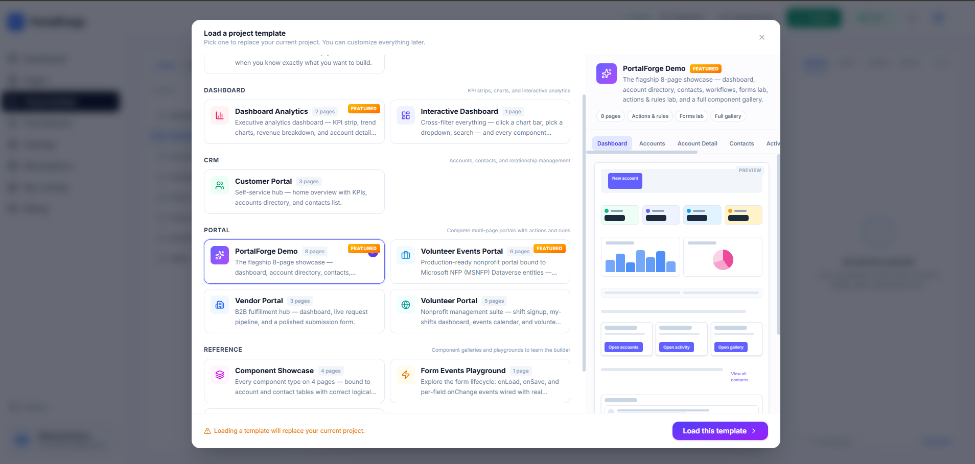 PortalForge template picker showing production-ready portal templates organized by category